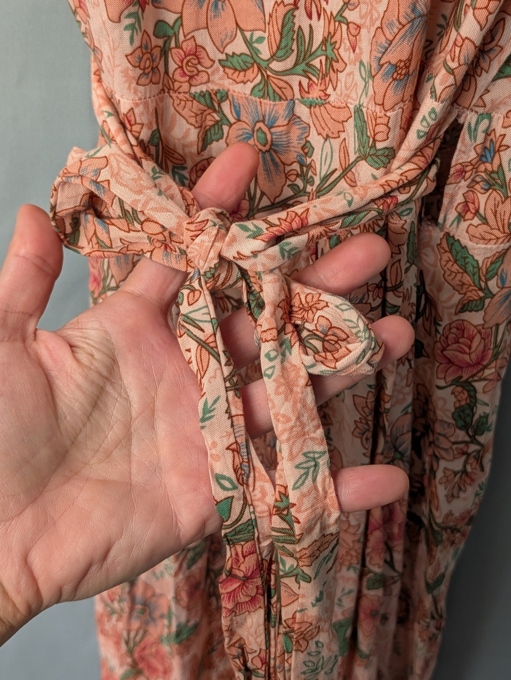 Bohemian Peach Floral Wrap And Tie Maxi Dress with Contrasting Border Size L - Picture 15 of 16